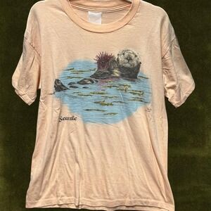 1986 Seattle Sea Otter T-Shirt Peach Terry Houck Signed Art Tee 80s Nature M